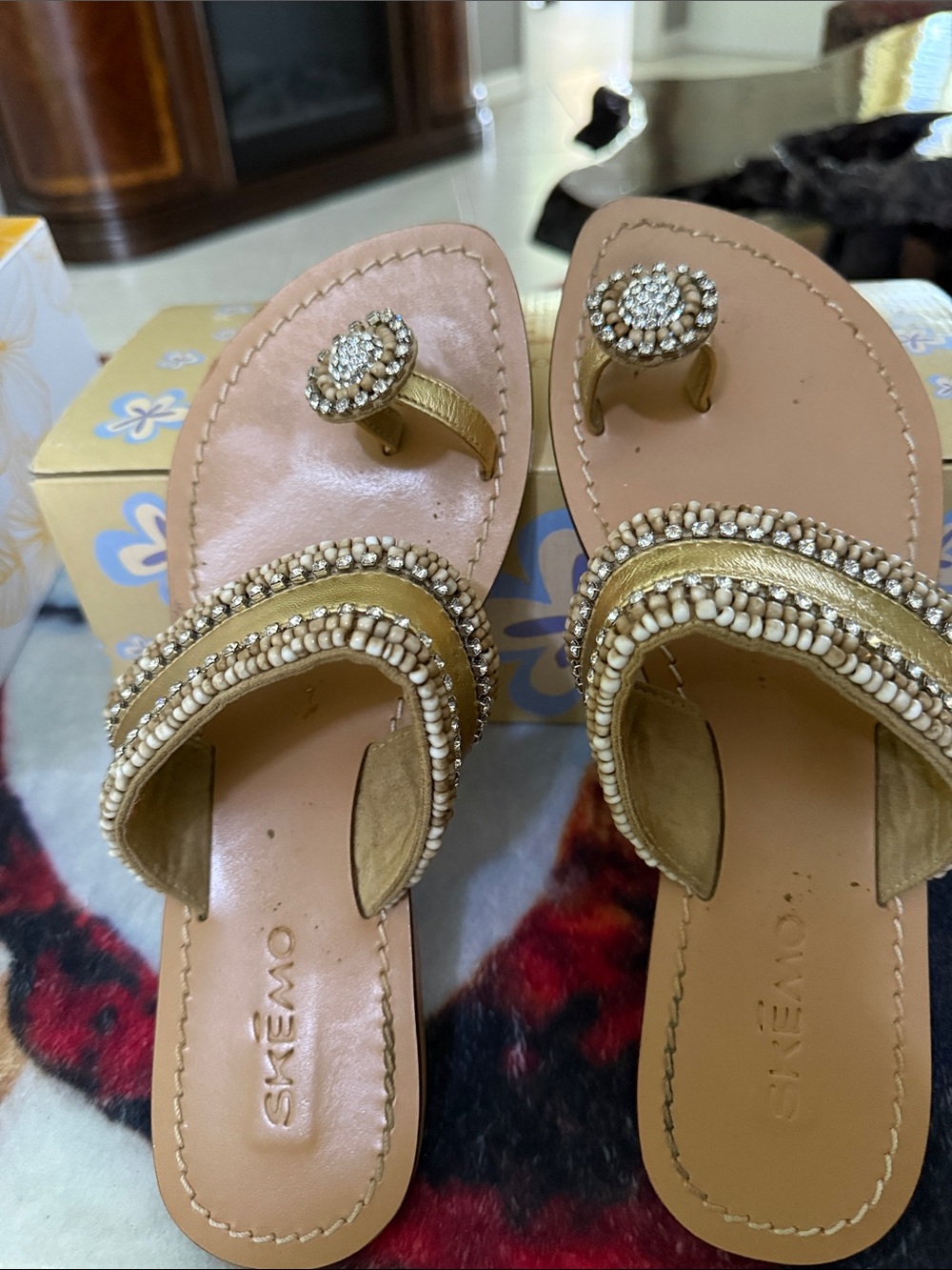 Skemo Gold Beaded Women’s Toe-Ring Sandals - Size 9